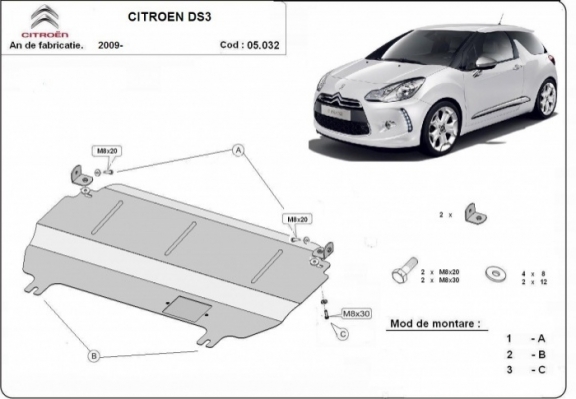 Steel skid plate for Citroen DS3