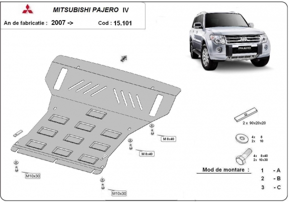 Steel skid plate for the protection of the engine and the radiator for Mitsubishi Pajero 4 (V80, V90)