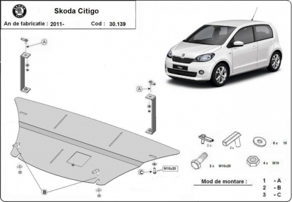 Steel skid plate for the protection of the engine and the gearbox for Skoda Citigo