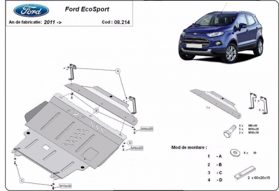 Steel skid plate for the protection of the engine and the gearbox for   Ford EcoSport