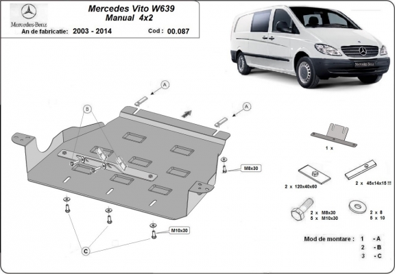 Steel gearbox skid plate for Mercedes Vito W639 - 2.2 D 4x2