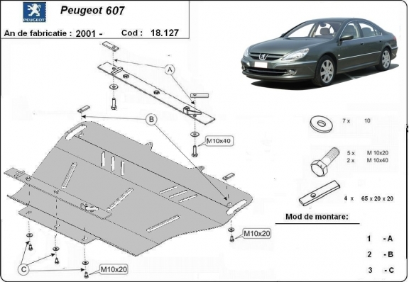 Steel skid plate for Peugeot 607