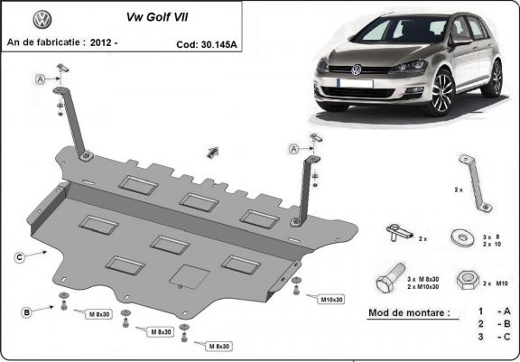 Steel skid plate for the protection of the engine and the gearbox for VW Golf 7 - automatic gearbox