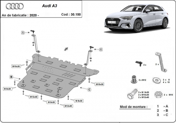 Steel skid plate for Audi A3
