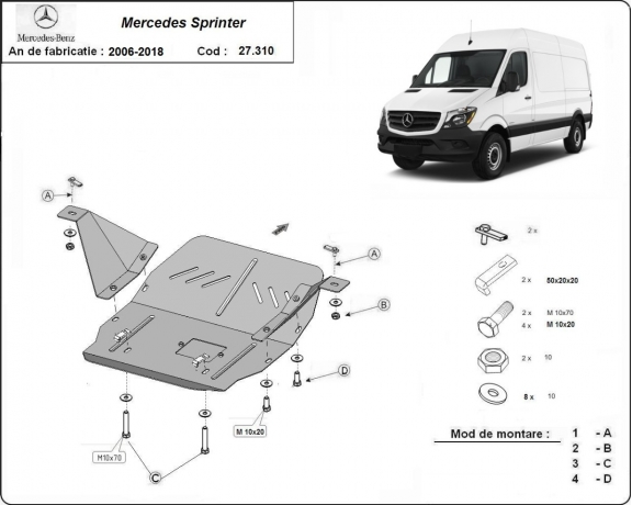 Steel skid plate for the protection of the engine and the gearbox for Mercedes Sprinter