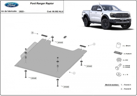 Aluminum transfer case skid plate for Ford Ranger Raptor