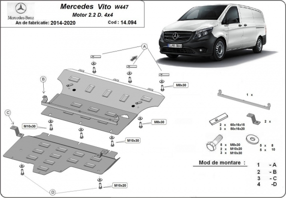 Steel skid plate for Mercedes Vito W447, 2.2 D, 4x4