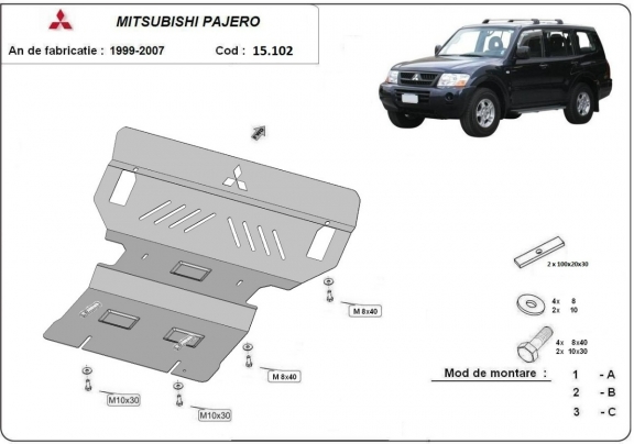 Steel skid plate for the protection of the engine and the radiator for Mitsubishi Pajero 3 (V60, V70)