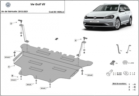 Aluminum skid plate for the protection of the engine and the gearbox for VW Golf 7