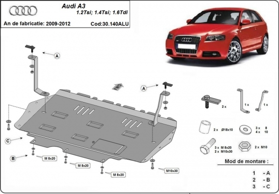 Aluminum skid plate for the protection of the engine and the gearbox for Audi A3