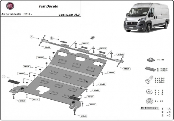 Aluminum skid plate for Fiat Ducato