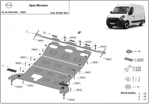Aluminum skid plate for Opel Movano C 