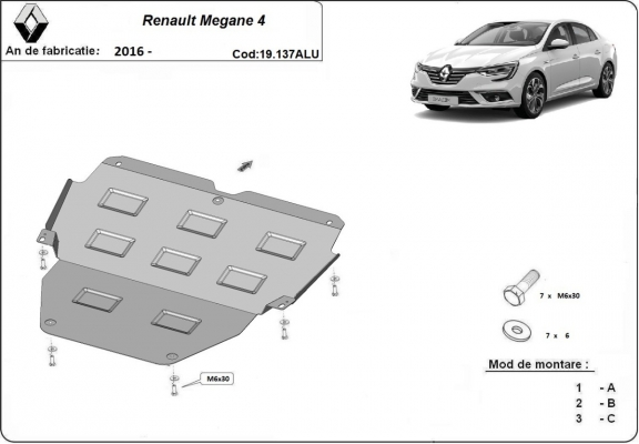 Aluminum skid plate for Renault Megane IV