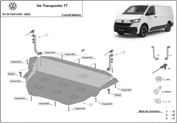 Galvanized steel skid plate for Volkswagen Transporter T7