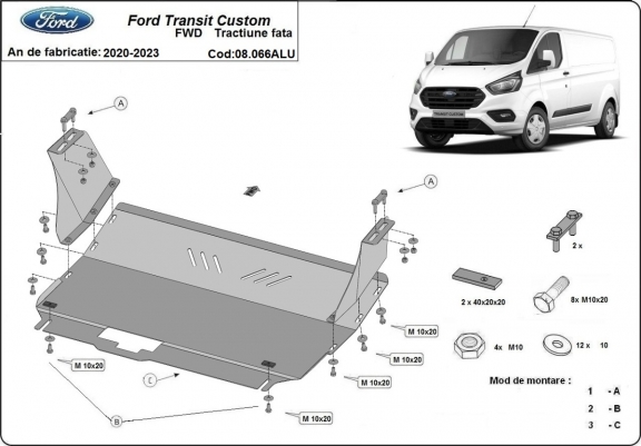 Aluminum skid plate for the protection of the engine and the gearbox for Ford Transit Custom - FWD