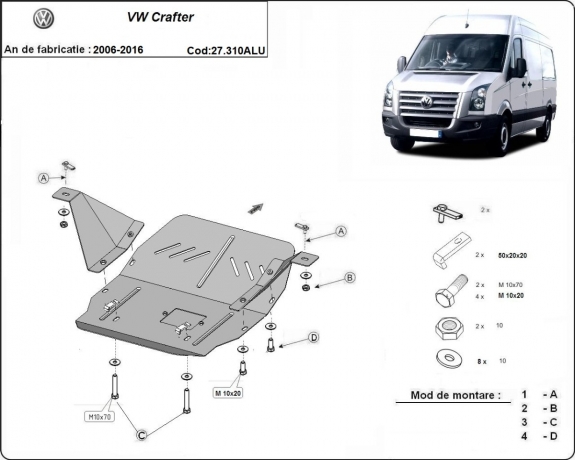 Aluminum skid plate for the protection of the engine and the gearbox for Volkswagen Crafter