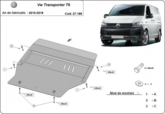 Steel skid plate for Volkswagen Transporter T6