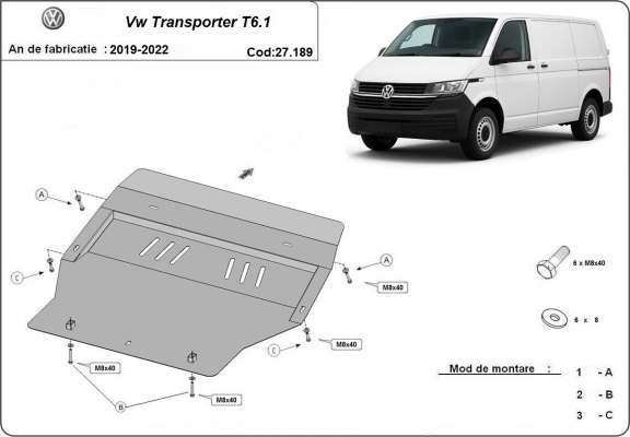 Steel skid plate for Volkswagen Transporter T6.1
