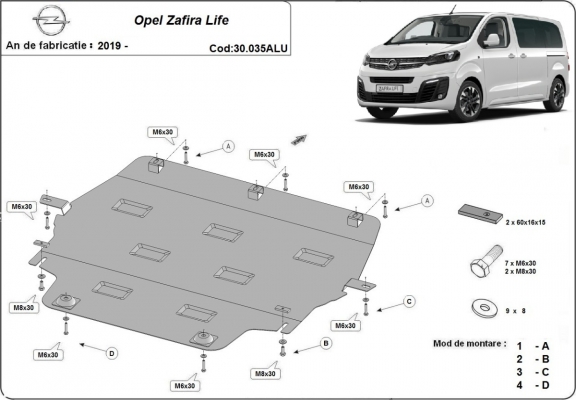 Aluminium skid plate for Opel Zafira Life
