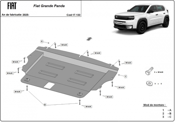 Steel skid plate for the protection of the engine and the gearbox for Fiat Grande Panda