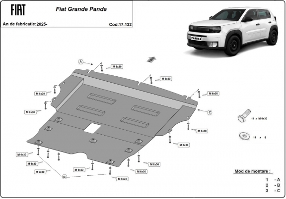 Steel skid plate for the protection of the engine and the gearbox for Fiat Grande Panda