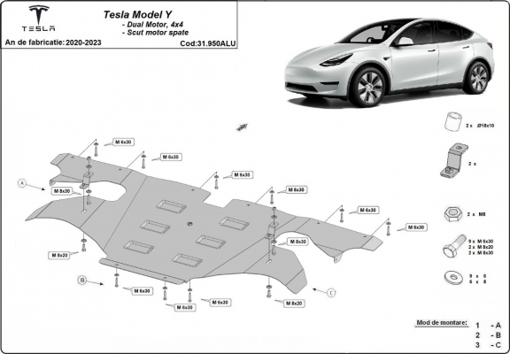 Rear electric aluminum motor skid plate - Tesla Model Y