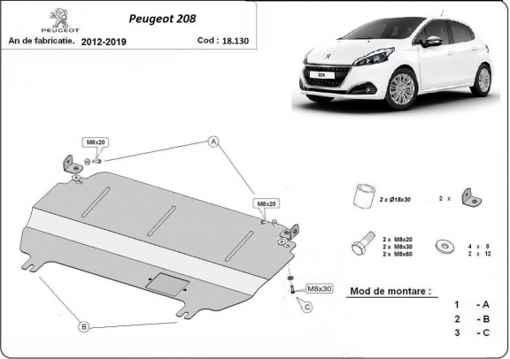 Steel skid plate for Peugeot 208