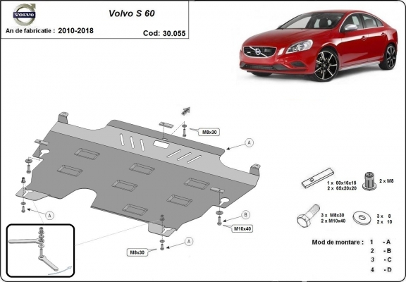 Steel skid plate for the protection of the engine and the gearbox for Volvo S60