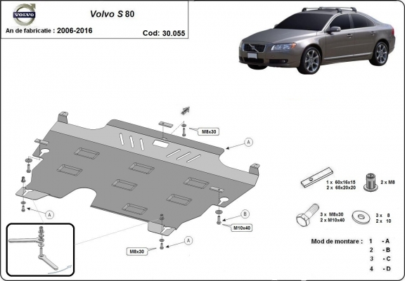 Steel skid plate for the protection of the engine and the gearbox for Volvo S80